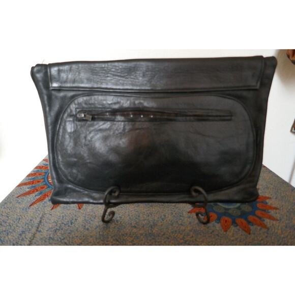 Vintage Black Leather Envelope Strapless Unisex Clutch Bag 9" x 13" Boho Hippie - Picture 7 of 16
